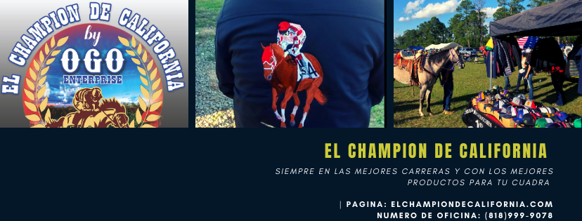 A promotional banner for OGO Outfitters featuring a circular logo with a horse and rider, a close-up of a navy blue t-shirt with a red and white graphic, and a photo of a horse at an outdoor fair. Spanish text is displayed at the bottom.